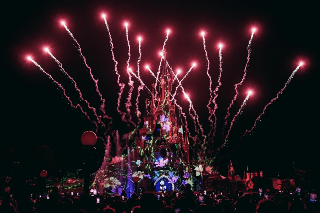 Disney castle at night with fireworks